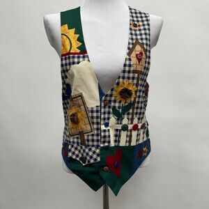 Women's Vest Top Size Small Multicolor Blue Green Yellow Sunflower Picket Fence